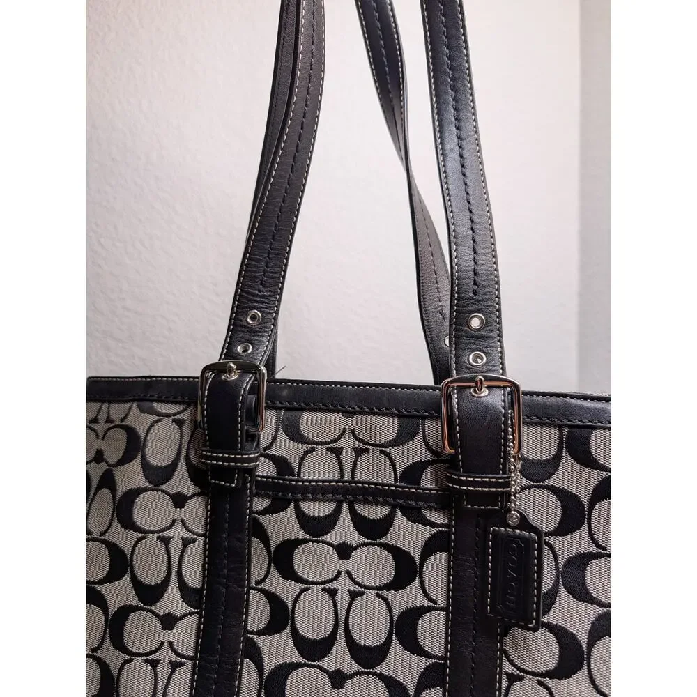 Coach Hamptons Signature F12645 Jacquard Tote Bag Black/Gray Preppy Shoulder